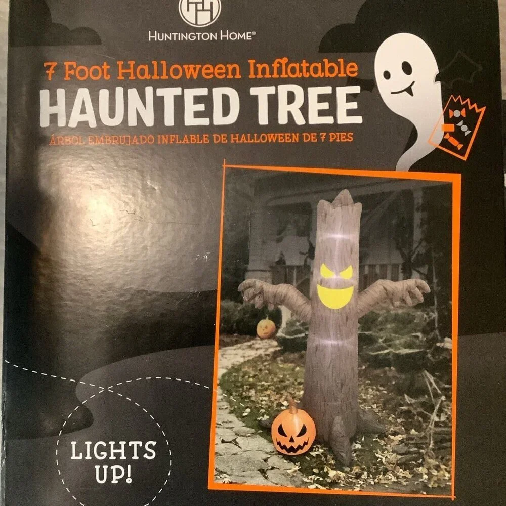 Huntington Home 7Ft. Haunted Tree & 4Ft. Inflatable Pumpkin Gnome Both Light Up_2